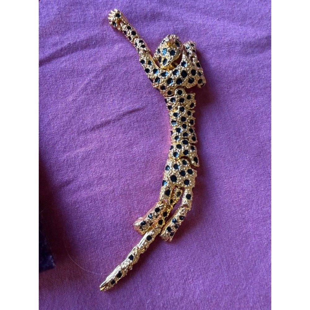 Vintage Articulated Leopard Cheetah Brooch Green Rhinestone Eyes